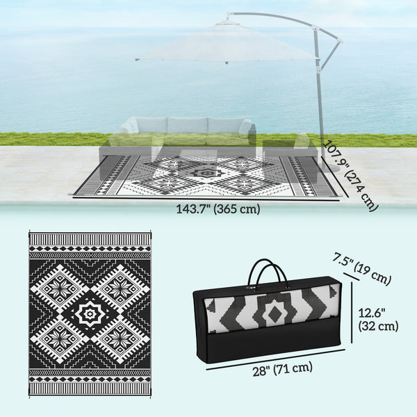 Reversible Outdoor RV Rug with Carry Bag, 9' x 12' Patio Floor Mat, Plastic Straw Rug for Backyard, Deck, Picnic, Beach, Camping, Toothed Rhombus, White and Black
