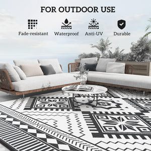 Reversible Outdoor RV Rug with Carry Bag, 9' x 12' Patio Floor Mat, Plastic Straw Rug for Backyard, Deck, Picnic, Beach, Camping, Toothed Rhombus, White and Black