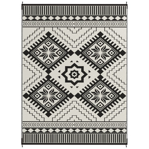 Outsunny Reversible Outdoor Rug, 9' x 12' Waterproof Plastic Straw Floor Mat, Portable RV Camping Carpet, Large Floor Mat for Backyard, Deck, Picnic, Beach, White & Black Toothed Rhombus
