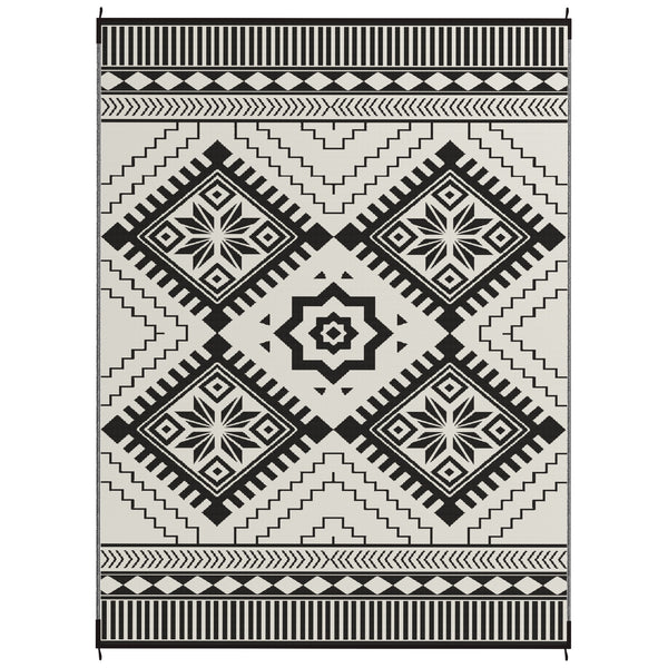 Outsunny Reversible Outdoor Rug, 9' x 12' Waterproof Plastic Straw Floor Mat, Portable RV Camping Carpet, Large Floor Mat for Backyard, Deck, Picnic, Beach, White & Black Toothed Rhombus