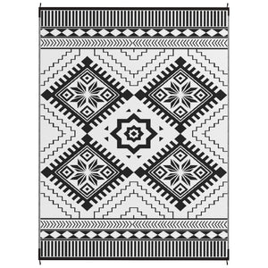 Reversible Outdoor RV Rug with Carry Bag, 9' x 12' Patio Floor Mat, Plastic Straw Rug for Backyard, Deck, Picnic, Beach, Camping, Toothed Rhombus, White and Black