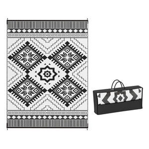 Reversible Outdoor RV Rug with Carry Bag, 9' x 12' Patio Floor Mat, Plastic Straw Rug for Backyard, Deck, Picnic, Beach, Camping, Toothed Rhombus, White and Black