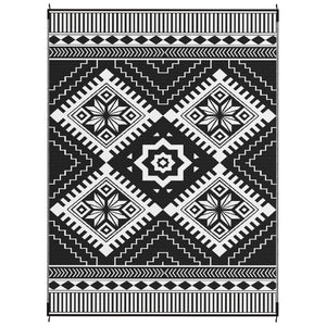 Reversible Outdoor RV Rug with Carry Bag, 9' x 12' Patio Floor Mat, Plastic Straw Rug for Backyard, Deck, Picnic, Beach, Camping, Toothed Rhombus, White and Black