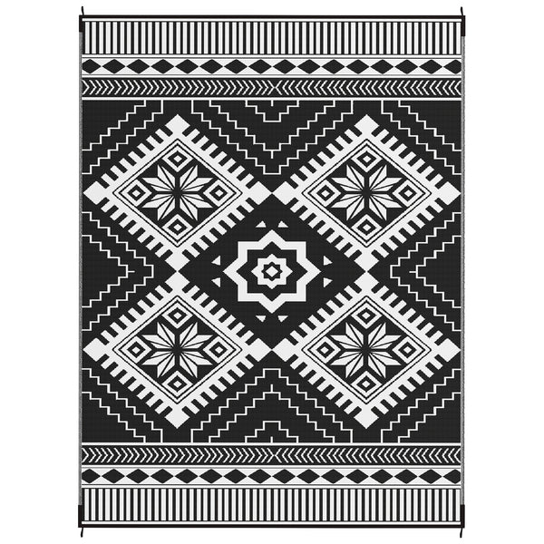 Reversible Outdoor RV Rug with Carry Bag, 9' x 12' Patio Floor Mat, Plastic Straw Rug for Backyard, Deck, Picnic, Beach, Camping, Toothed Rhombus, White and Black