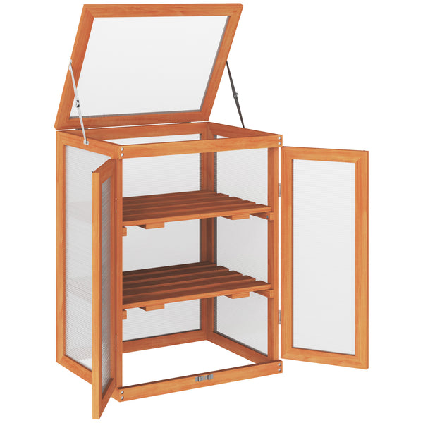 Wooden 2 Tier Cold Frame Greenhouse Polycarbonate Plant Grow House Portable Garden, Orange