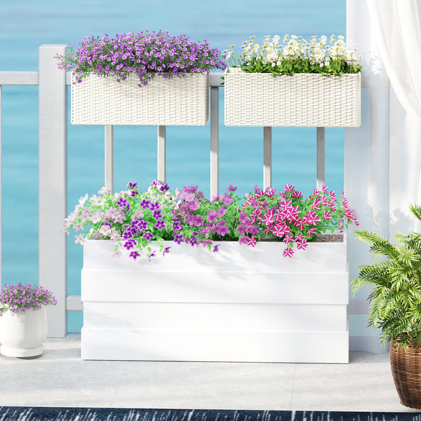 2 Pack Railing Planter Box, 20 Inch Hanging Flower Pots with Hooks and Drainage Hole, Rectangular Planters for Fence, Balcony, Garden, Patio, Rattan Look, White
