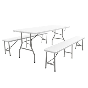 Folding Picnic Table with 2 Benches, 3-Piece Portable Outdoor Picnic Table Bench Set for 6, Patio Dining Table Set with Plastic Top, Steel Frame for Garden, White