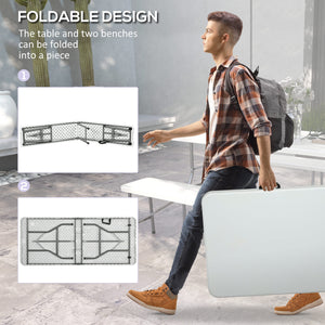 Folding Picnic Table with 2 Benches, 3-Piece Portable Outdoor Picnic Table Bench Set for 6, Patio Dining Table Set with Plastic Top, Steel Frame for Garden, White