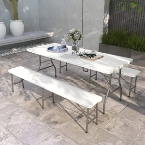 Folding Picnic Table with 2 Benches, 3-Piece Portable Outdoor Picnic Table Bench Set for 6, Patio Dining Table Set with Plastic Top, Steel Frame for Garden, White