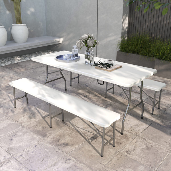 Folding Picnic Table with 2 Benches, 3-Piece Portable Outdoor Picnic Table Bench Set for 6, Patio Dining Table Set with Plastic Top, Steel Frame for Garden, White