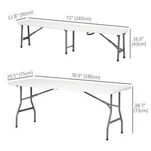 Folding Picnic Table with 2 Benches, 3-Piece Portable Outdoor Picnic Table Bench Set for 6, Patio Dining Table Set with Plastic Top, Steel Frame for Garden, White