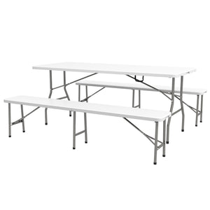 Folding Picnic Table with 2 Benches, 3-Piece Portable Outdoor Picnic Table Bench Set for 6, Patio Dining Table Set with Plastic Top, Steel Frame for Garden, White