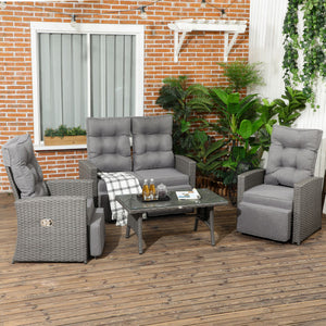 4 Piece Rattan Garden Furniture Set with Adjustable Backrest, Wicker Outdoor Furniture Sofa Set with Loveseat, Reclining Armchairs, Thickened Cushions and Glass Top Table, Grey