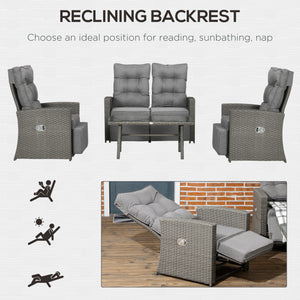 4 Piece Rattan Garden Furniture Set with Adjustable Backrest, Wicker Outdoor Furniture Sofa Set with Loveseat, Reclining Armchairs, Thickened Cushions and Glass Top Table, Grey