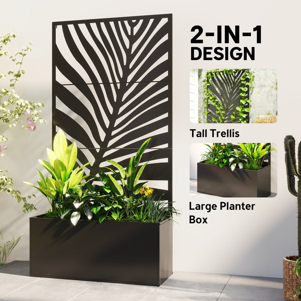 Metal Planter Box with Trellis, 71" Tall Raised Garden Bed with Trellis Privacy Screen for Climbing Plants, Large Leaf Cut-Out Privacy Planter for Garden, Patio, Balcony