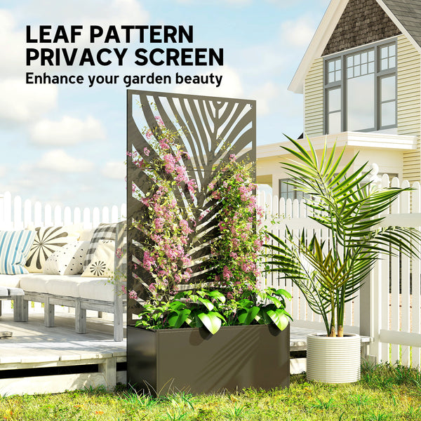 Metal Planter Box with Trellis, 71" Tall Raised Garden Bed with Trellis Privacy Screen for Climbing Plants, Large Leaf Cut-Out Privacy Planter for Garden, Patio, Balcony