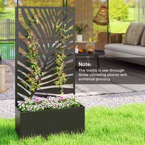 Metal Planter Box with Trellis, 71" Tall Raised Garden Bed with Trellis Privacy Screen for Climbing Plants, Large Leaf Cut-Out Privacy Planter for Garden, Patio, Balcony