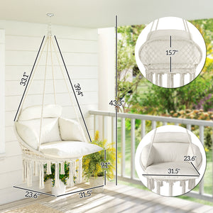 Hammock Swing Chair, Outdoor Hanging Chair with Large Cushion, Cotton Rope Weaving Macrame Swing with Chain, 265 LBS Capacity for Indoor, Outdoor, Bedroom, Patio, Balcony, Cream White