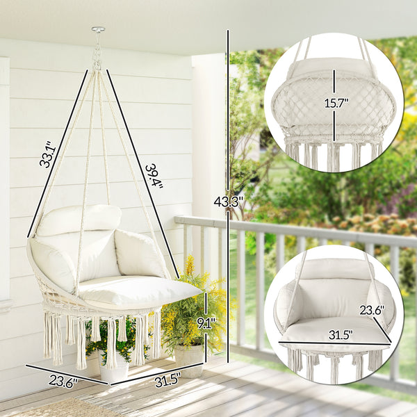 Hammock Swing Chair, Outdoor Hanging Chair with Large Cushion, Cotton Rope Weaving Macrame Swing with Chain, 265 LBS Capacity for Indoor, Outdoor, Bedroom, Patio, Balcony, Cream White