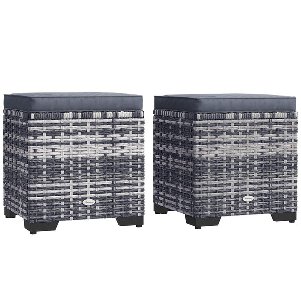 Set of 2 Rattan Storage Ottoman, Outdoor Footstool with Removable Cushions, Garden Storage Seat for Balcony, Poolside, Living Room, Dark Grey
