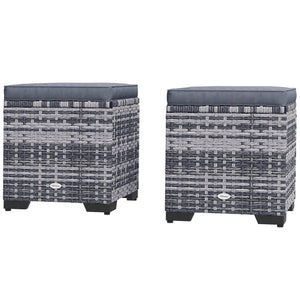 Set of 2 Rattan Storage Ottoman, Outdoor Footstool with Removable Cushions, Garden Storage Seat for Balcony, Poolside, Living Room, Dark Grey