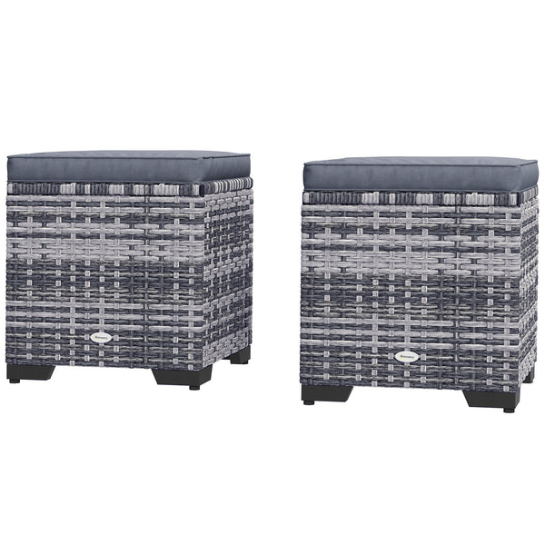 Set of 2 Rattan Storage Ottoman, Outdoor Footstool with Removable Cushions, Garden Storage Seat for Balcony, Poolside, Living Room, Dark Grey