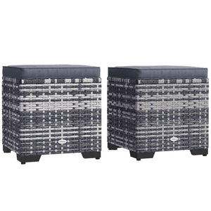 Set of 2 Rattan Storage Ottoman, Outdoor Footstool with Removable Cushions, Garden Storage Seat for Balcony, Poolside, Living Room, Dark Grey