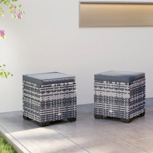 Set of 2 Rattan Storage Ottoman, Outdoor Footstool with Removable Cushions, Garden Storage Seat for Balcony, Poolside, Living Room, Dark Grey