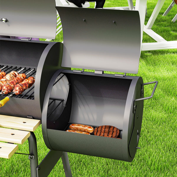 Charcoal Grill with Offset Smoker, 231 Sq.In. Cooking Area, Barrel BBQ Grill and Smoker Combo with Side Tables, Shelf, Thermometer, Wheels for Outdoor Patio Backyard Party Event Gathering