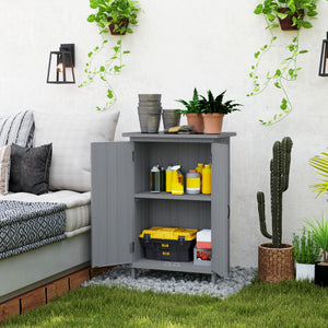 Outdoor Storage Cabinet, Wooden Garden Storage Shed with 2-Tier Shelves and Metal Tabletop, Outdoor Tool Shed with Magnetic Doors for Backyard, Patio, Lawn, Grey