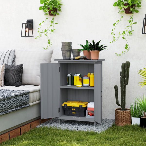Outdoor Storage Cabinet, Wooden Garden Storage Shed with 2-Tier Shelves and Metal Tabletop, Outdoor Tool Shed with Magnetic Doors for Backyard, Patio, Lawn, Grey