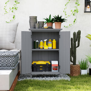 Outdoor Storage Cabinet, Wooden Garden Storage Shed with 2-Tier Shelves and Metal Tabletop, Outdoor Tool Shed with Magnetic Doors for Backyard, Patio, Lawn, Grey