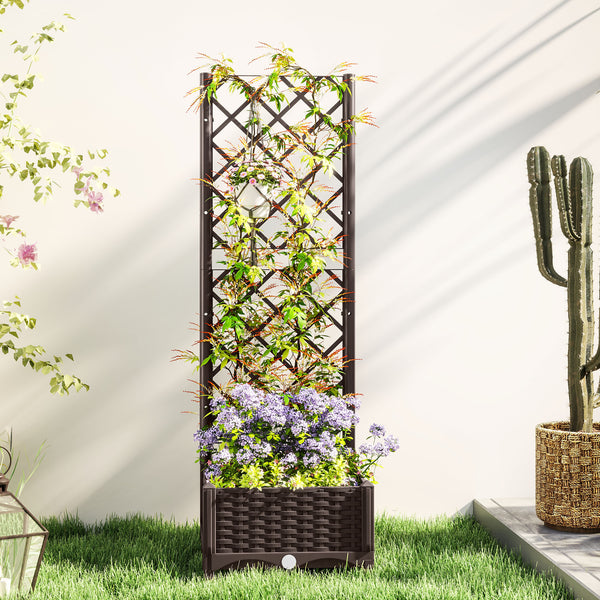 Raised Garden Bed with Trellis, Plastic Outdoor Planter Box with Drainage Holes and Drain Plugs, Raised Flower Bed for Patio, Backyard, Balcony, 16" x 16" x 48"