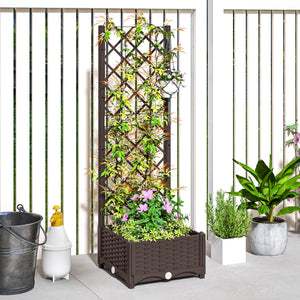 Raised Garden Bed with Trellis, Plastic Outdoor Planter Box with Drainage Holes and Drain Plugs, Raised Flower Bed for Patio, Backyard, Balcony, 16" x 16" x 48"