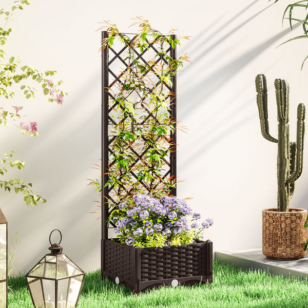 Raised Garden Bed with Trellis, Plastic Outdoor Planter Box with Drainage Holes and Drain Plugs, Raised Flower Bed for Patio, Backyard, Balcony, 16" x 16" x 48"
