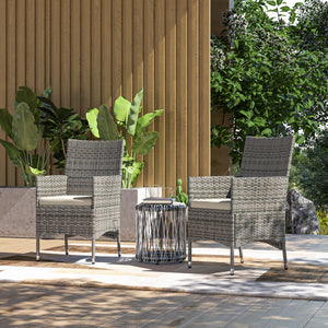 2 Pieces Outdoor PE Rattan Dining Chairs Set with Cushion, Garden Armchair with Armrests, High Backrest, Metal Frame Patio Wicker Furniture, Mixed Grey