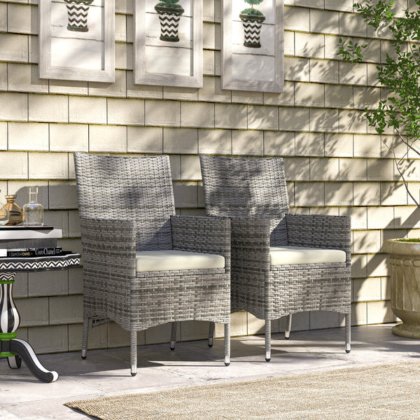 2 Pieces Outdoor PE Rattan Dining Chairs Set with Cushion, Garden Armchair with Armrests, High Backrest, Metal Frame Patio Wicker Furniture, Mixed Grey