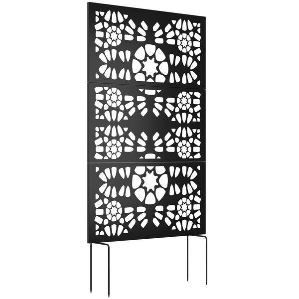 Metal Outdoor Privacy Screen, 72" x 38" Freestanding Outdoor Divider, Wall-Mounted Decorative Panel with Symmetrical Pattern Cut-out Design for Garden Patio, Black