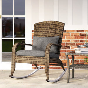 Outdoor Wicker Adirondack Rocking Chair, Patio Rattan Rocker Chair with High Back, Seat Cushion and Pillow for Garden, Porch, Balcony, Grey/Mixed Yellow