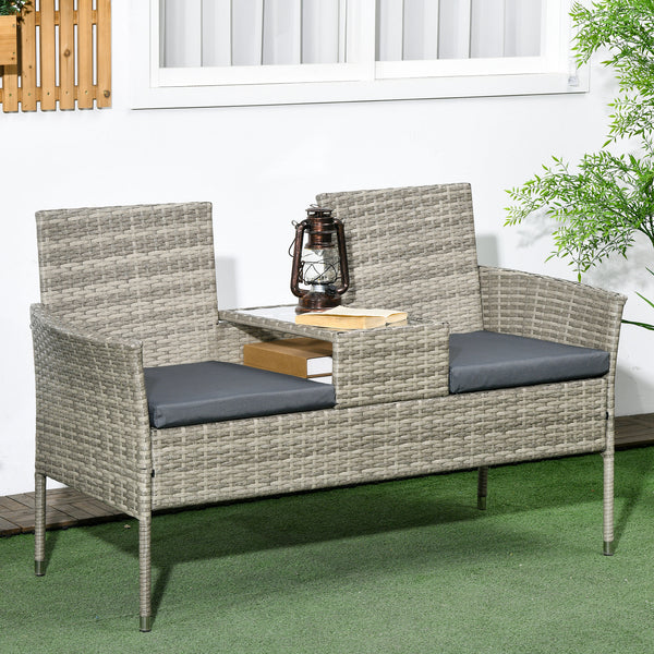 2 Seat Rattan Garden Bench, Patio Wicker Chair with Glass Tea Table, Outdoor Love Seat with Padded Cushions, for Garden, Porch, Poolside, Mixed Grey/Grey