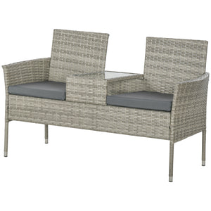 2 Seat Rattan Garden Bench, Patio Wicker Chair with Glass Tea Table, Outdoor Love Seat with Padded Cushions, for Garden, Porch, Poolside, Mixed Grey/Grey