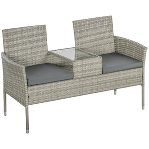 2 Seat Rattan Garden Bench, Patio Wicker Chair with Glass Tea Table, Outdoor Love Seat with Padded Cushions, for Garden, Porch, Poolside, Mixed Grey/Grey