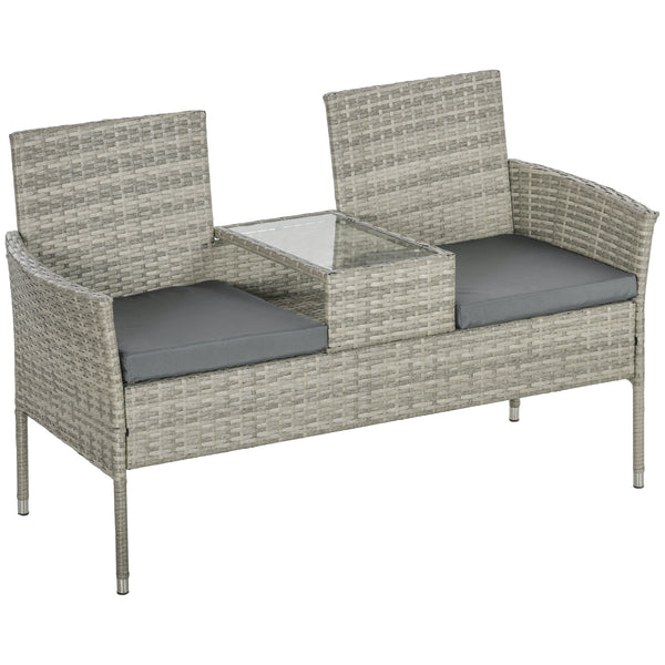 2 Seat Rattan Garden Bench, Patio Wicker Chair with Glass Tea Table, Outdoor Love Seat with Padded Cushions, for Garden, Porch, Poolside, Mixed Grey/Grey