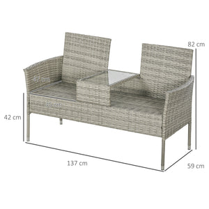 2 Seat Rattan Garden Bench, Patio Wicker Chair with Glass Tea Table, Outdoor Love Seat with Padded Cushions, for Garden, Porch, Poolside, Mixed Grey/Grey
