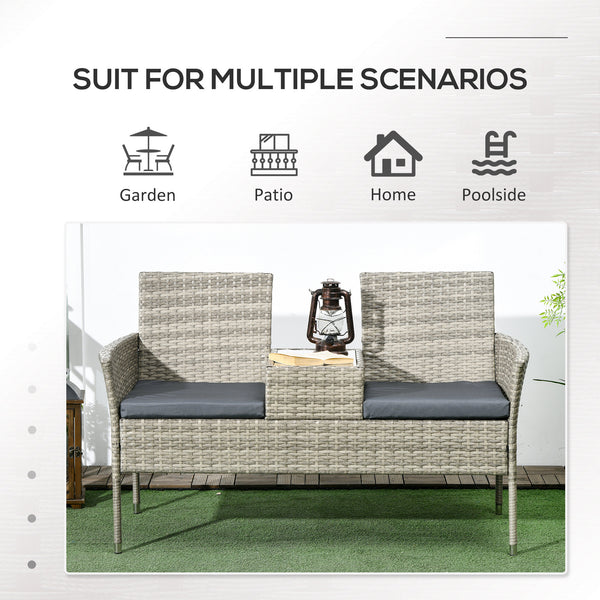 2 Seat Rattan Garden Bench, Patio Wicker Chair with Glass Tea Table, Outdoor Love Seat with Padded Cushions, for Garden, Porch, Poolside, Mixed Grey/Grey