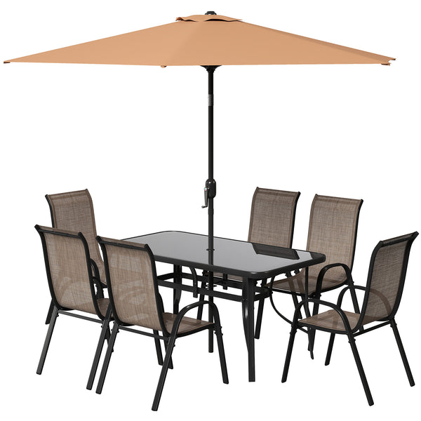 8 Pieces Patio Table and Chairs Set with 9 Ft Patio Umbrella, Outdoor Dining Set with 4.6 Ft Dining Table and 6 Chairs, Push Button Tilt and Crank Parasol, Tempered Glass Top, Mixed Brown