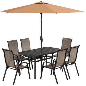 8 Pieces Patio Table and Chairs Set with 9 Ft Patio Umbrella, Outdoor Dining Set with 4.6 Ft Dining Table and 6 Chairs, Push Button Tilt and Crank Parasol, Tempered Glass Top, Mixed Brown