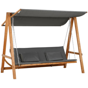 3 Seater Patio Swing Chair Convertible Cushioned Porch Swing Bed Outdoor Swing Seat with Canopy, Wood Frame for Porch, Backyard, Garden, Balcony, Teak and Grey
