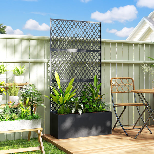 Metal Planter Box with Trellis, Raised Garden Bed with Trellis Privacy Screen and Drainage Holes for Climbing Plants, Diamond Lattice Privacy Planter for Garden, Patio, Balcony