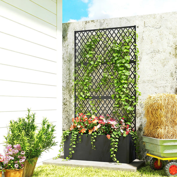 Metal Planter Box with Trellis, Raised Garden Bed with Trellis Privacy Screen and Drainage Holes for Climbing Plants, Diamond Lattice Privacy Planter for Garden, Patio, Balcony